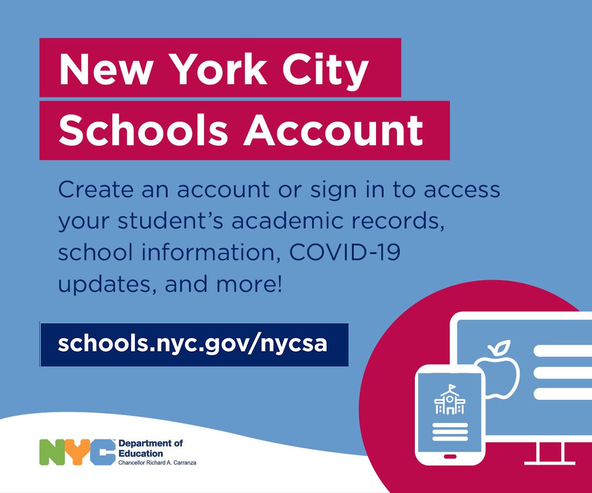 NYCSchools's tweet photo. NYC families! ☑️ Have you signed up for an NYC Schools Account (NYCSA)? Visit https://t.co/ahzOrmHr2J and sign up for text and email updates so we can keep you informed about health, safety, and your child’s schooling all year long. It only takes five minutes! https://t.co/Wy9mL4vhZ4