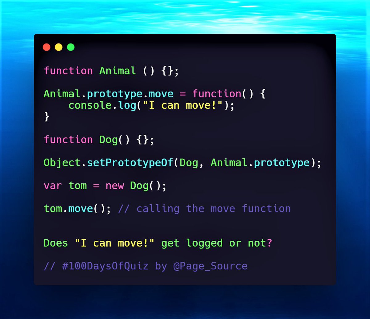 Day 32 Question in  #JavaScript 100 Days Of QuizQuestion on Prototypal Inheritance.Answer with explanation to get a follow! Follow this thread for all questions  #100DaysOfCode  #CodeNewBie  #DevComIN  #WebDevelopment  #DEVCommunity