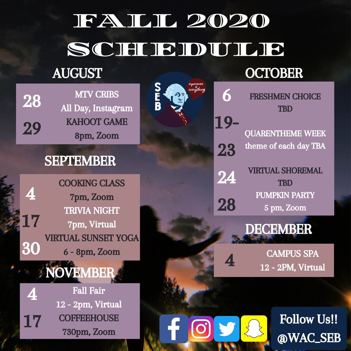 WAC_SEB's tweet photo. Here’s our tentative schedule for events this fall semester! Check in closer to events here (or on campus groups) for more info!! https://t.co/YGp6UZ5wg8