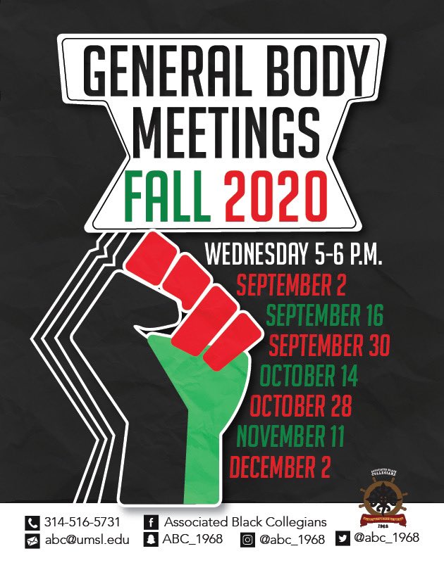 Good Morning my Black Kings and Queens. I want to simply remind you that today will be our first general body meeting for ABC. Please feel free to join us and see what ABC is about.
