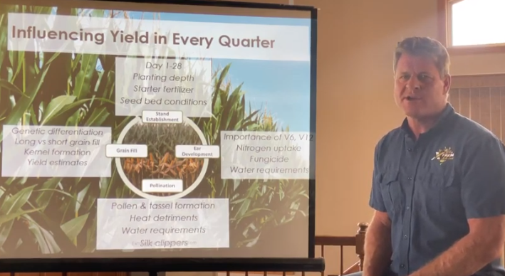 OntAg's tweet photo. Learning how to influence #yield in every quarter of the #corn crop: 
- Stand Establishment (depth, fertilizer &amp; seed bed)
- Ear Development (nitrogen uptake, #fungicide, water)
- Pollination (Pollen &amp; tassel formation, heat detriments)
- Grain Fill (kernel formation, yield est.) https://t.co/ly0SNgUkmg