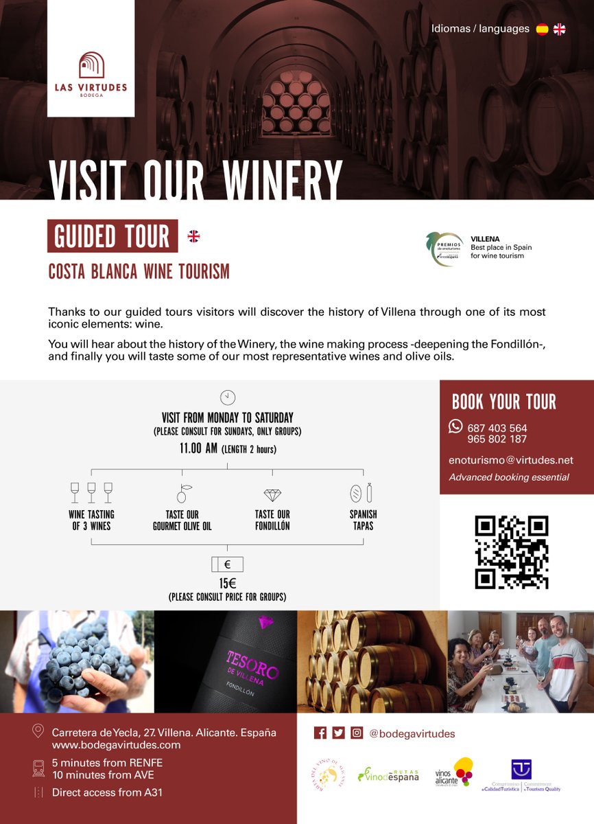 #Villena VISITA NUESTRA BODEGA 🇪🇸 / VISIT OUR WINERY 🇬🇧 De lunes a sábados, a las 11h. Conoce la bodega, sus vinos y aceites / Monday to Saturday, at 11 am. Know the winery, our wines and oils. Reserva tu visita / Book your tour M.: enoturismo@virtudes.net T.: (+34) 687 403 564