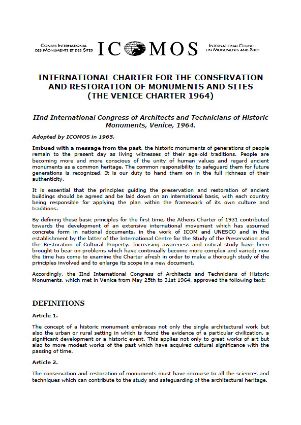 #SFE ESSENTIAL !

Concerning #FireEngineering & #Accessibility4ALL Related #Restoration/#ConstructionWork In #Buildings Of Historical, Cultural & Architectural Importance ...

The Starting Point For #BuildingDesigners MUST BE > 1963 #ICOMOS #VeniceCharter !!

#Design #BeyondCodes