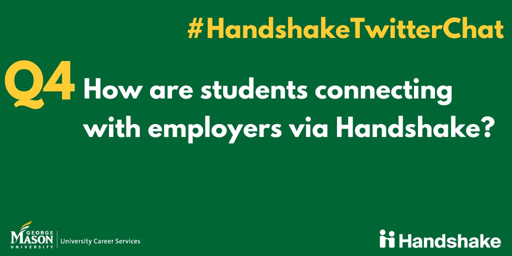 masoncareer's tweet photo. Q4: @joinHandshake, how have students been connecting with employers on your platform? Any examples of virtual fairs, interviews, or events? #HandshakeTwitterChat https://t.co/eupsamn49e
