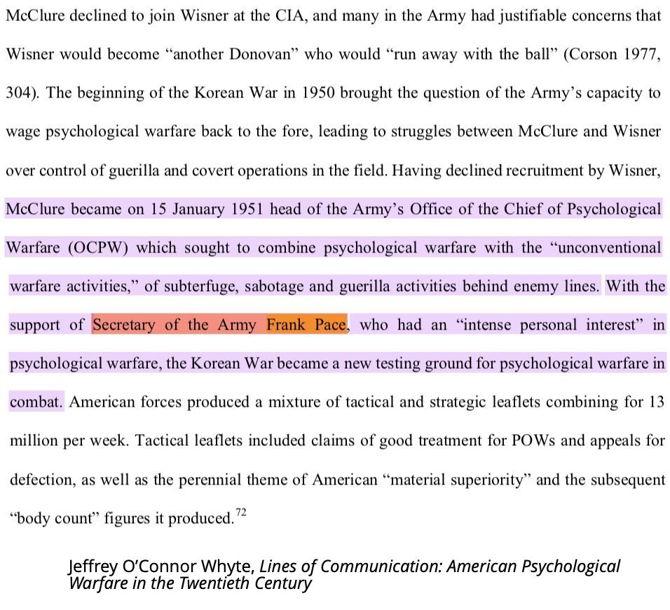 Pace had an "intense personal interest" in PSYOPS dating at least back to the Korean War. As Secretary of the Army, he oversaw turning Korea into a PSYWAR testing ground. Upon taking the helm at CPB, he heralded public TV& #39;s potential as a riot control technology. 4/