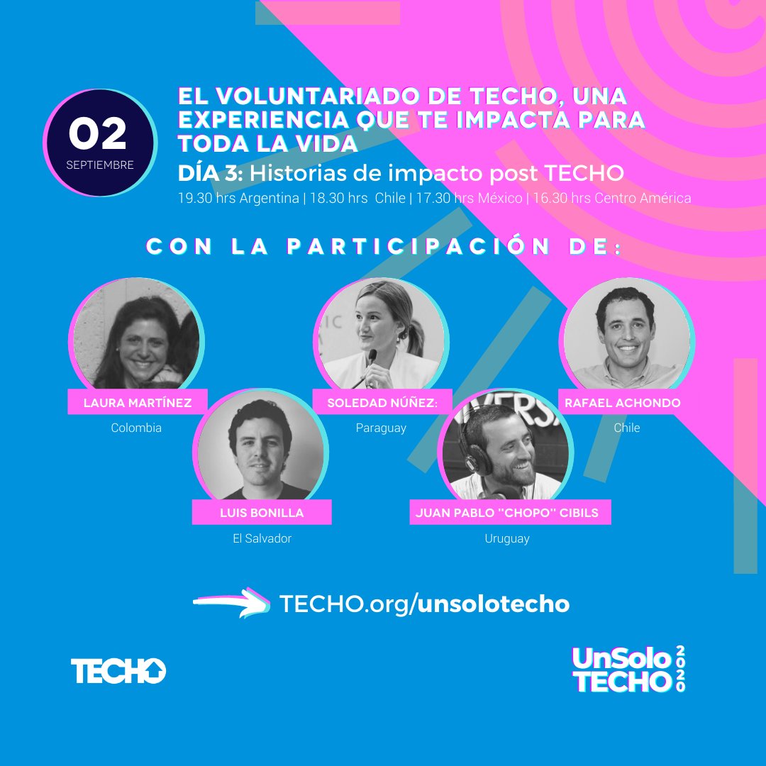 Puedes conectarte al DÍA 3 del Encuentro de Voluntariado. Hoy contamos con la participación de: <a href="/LauSMarti/">Laura Martinez</a>, @lbonillaoa <a href="/solenu/">Sole Núñez</a>, <a href="/ChopoUY/">chopouy</a> y <a href="/rafoachondo/">Rafa Achondo</a> en el foro: Historias de impacto post #TECHO #UnSoloTECHO ➜ techo.org/unsolotecho