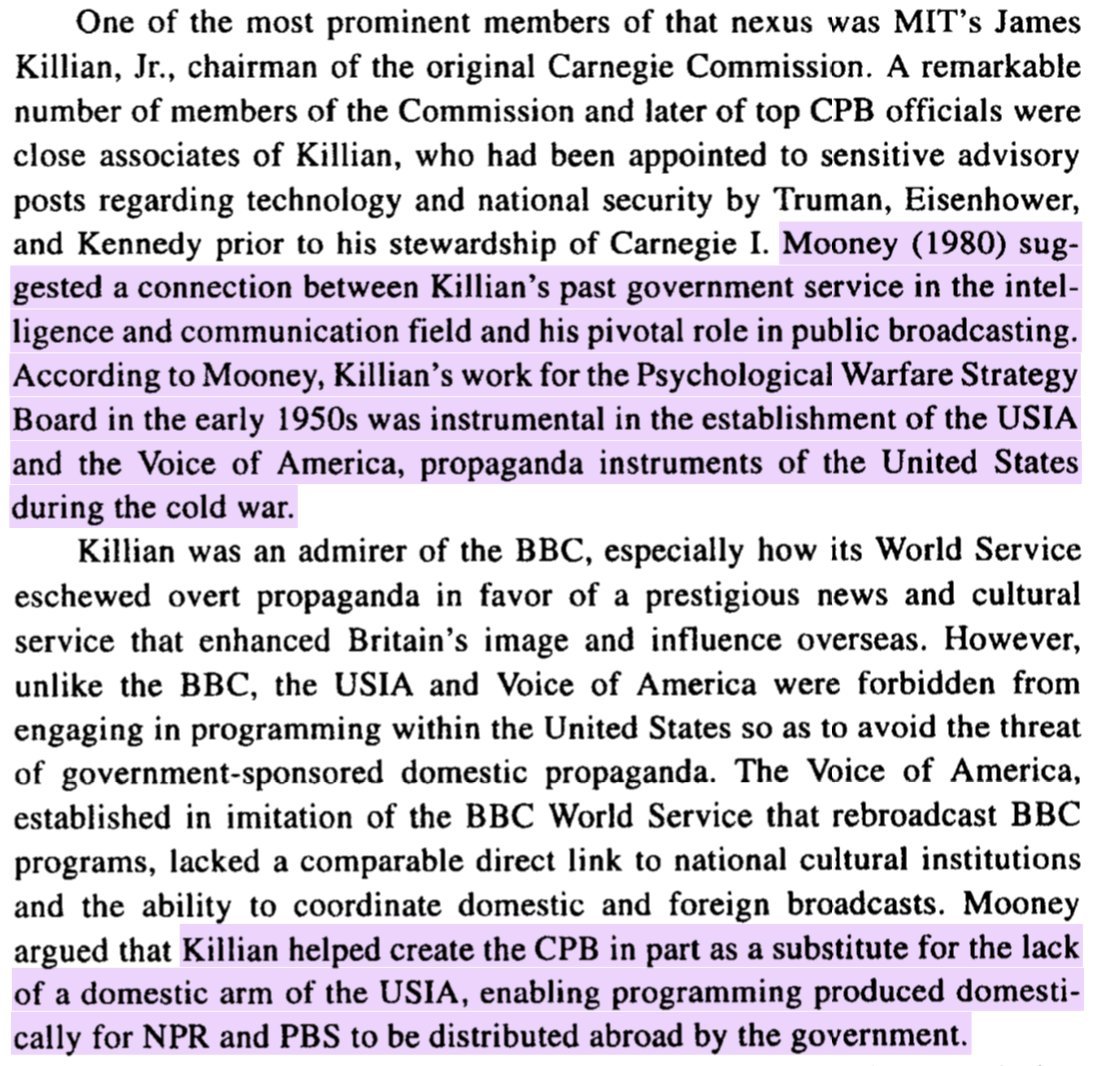 CPB vice-chair, James Killian similarly had an extensive national security background: He came from high-ranking intelligence circles, and as president of MIT, was one of the pioneers in establishing CIA research outposts in universities. 6/