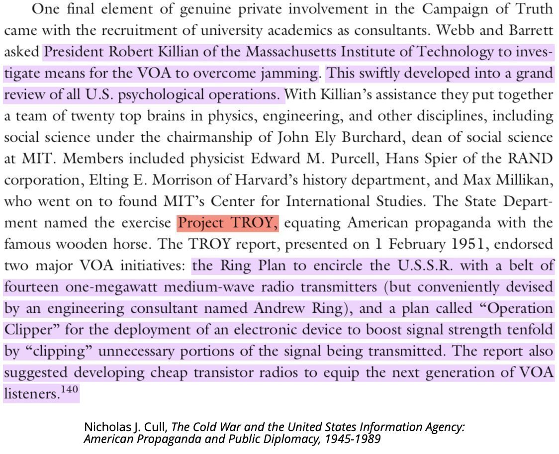 Killian's influential role in shaping the direction of the US PSYOPS program can't be overstated. He served as academic director of Project Troy (a name he coined), from which the Psychological Strategy Board and CENIS (a major CIA research front at MIT) emerged. 7/