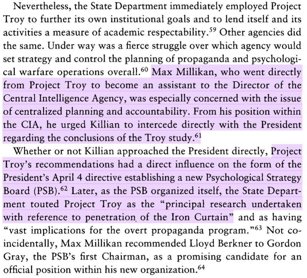 Killian's influential role in shaping the direction of the US PSYOPS program can't be overstated. He served as academic director of Project Troy (a name he coined), from which the Psychological Strategy Board and CENIS (a major CIA research front at MIT) emerged. 7/