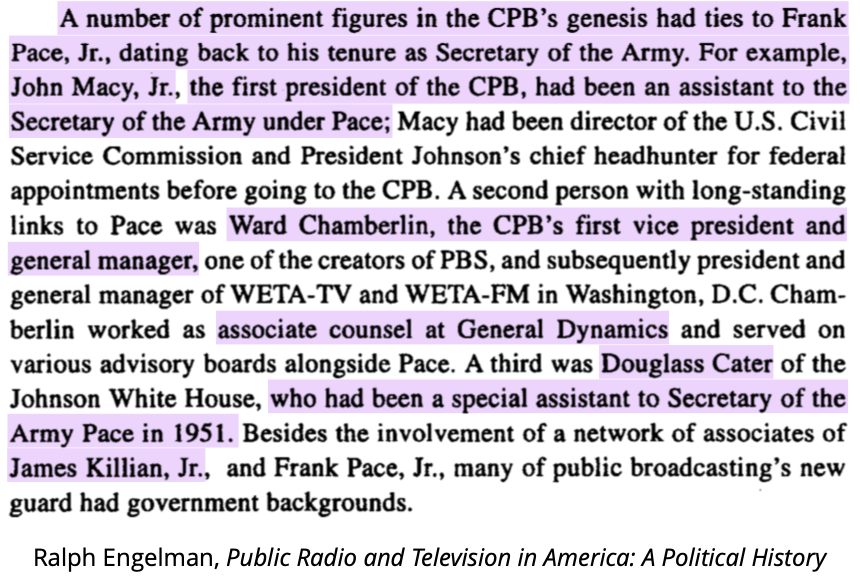 CPB's board and leadership were filled out with a number of Killian and Pace's associates from the military, intelligence and allied industries, including people like Douglass Cater, an OSS officer turned CIA agent. 8/