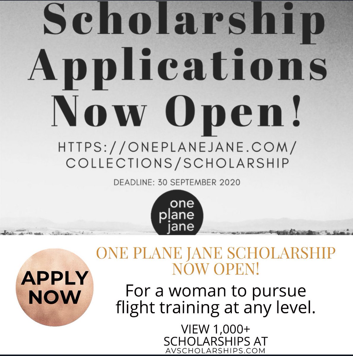 One Plane Jane scholarship now open! This is for women in any phase of their flight training. Find this + 1,000 more scholarships at avscholarships.com