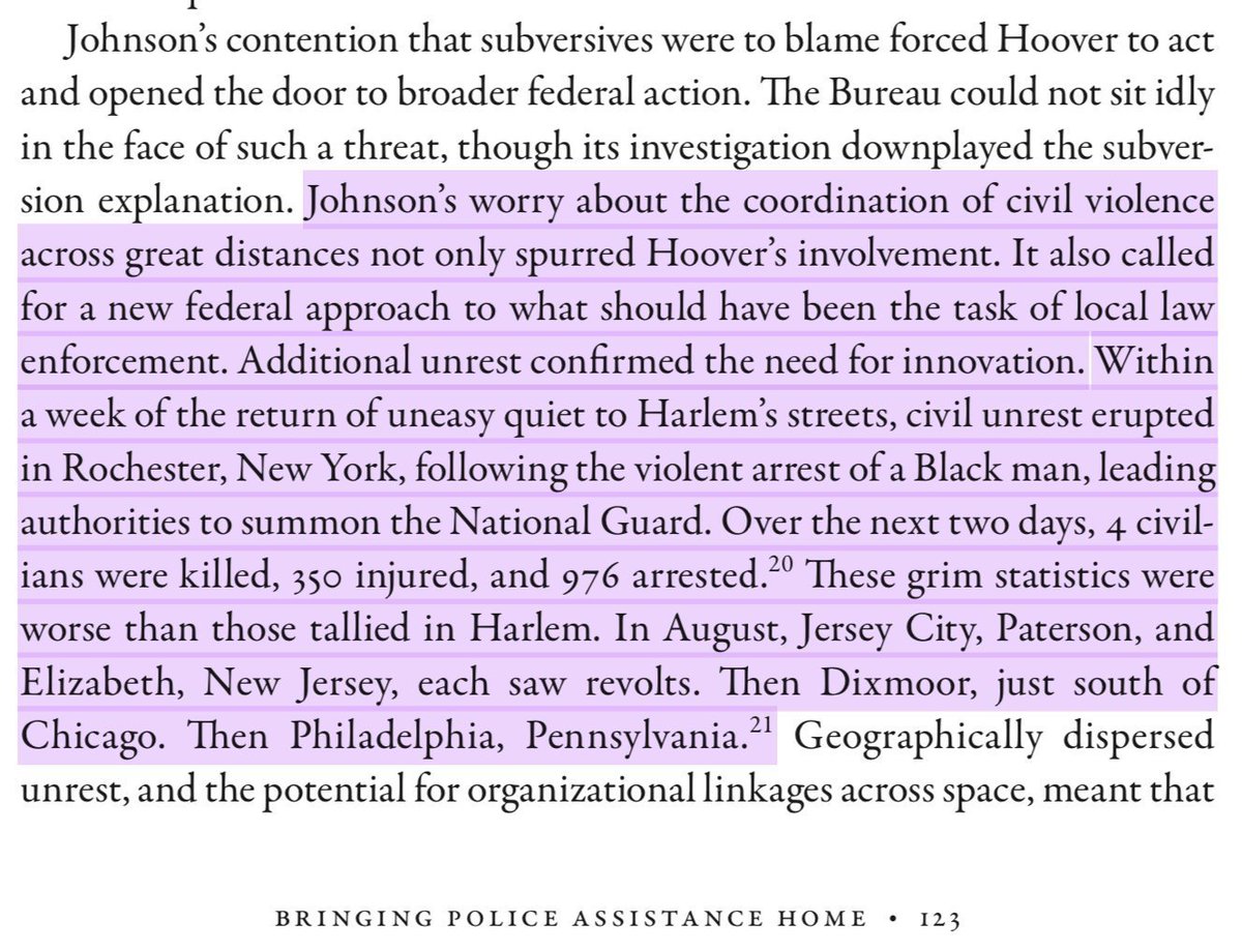 Most recently as Special Asst to LBJ, he had helped devise the response to black rebellions in Harlem, Rochester, New Jersey, and elsewhere: the War on Crime and the initiative to repatriate the instruments of counterinsurgency. 10/