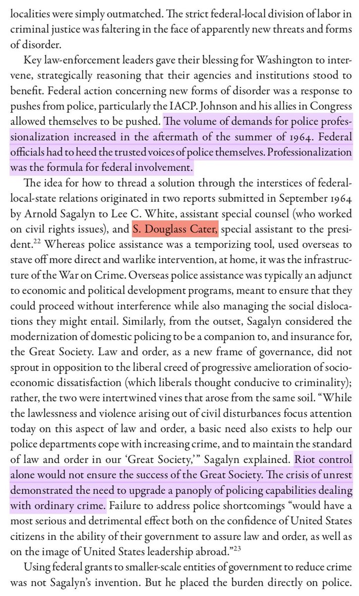 Most recently as Special Asst to LBJ, he had helped devise the response to black rebellions in Harlem, Rochester, New Jersey, and elsewhere: the War on Crime and the initiative to repatriate the instruments of counterinsurgency. 10/