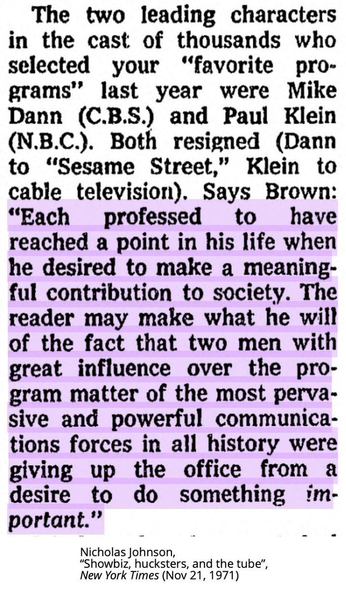 Friendly (Ford), Paul Klein (Ford, CPB, PBS, CTW) and his rival at CBS, Michael Dann (CTW), all quit their networks in the late 60s/early 70s and entered the orbit of Ford, public TV and children's TV. This migration of the "expats from network TV" didn't go unnoticed. 18/