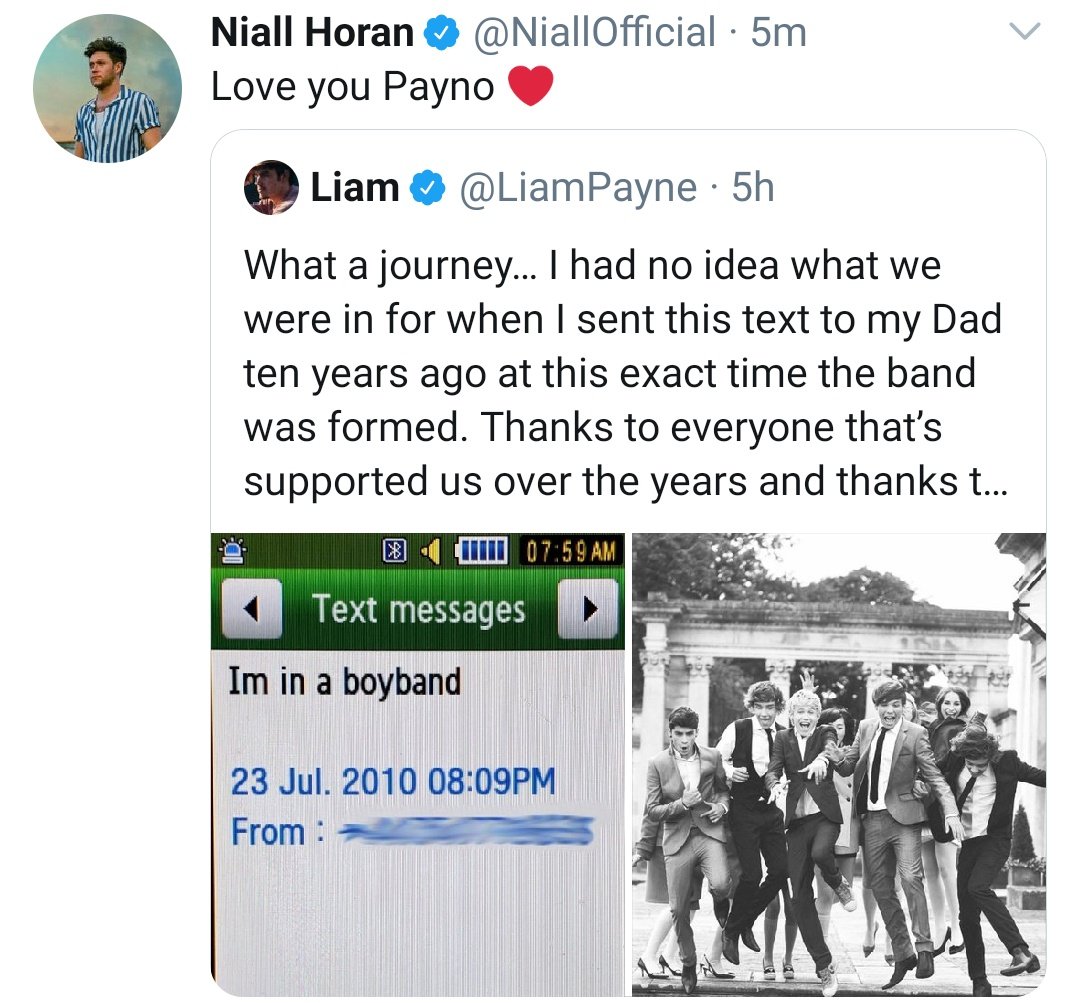 at 1:32 PM bst Niall replied to Louis' tweet and then Liam's. Throughout the day he tweeted about celebrating the team behind one direction and also tagged all the boys 