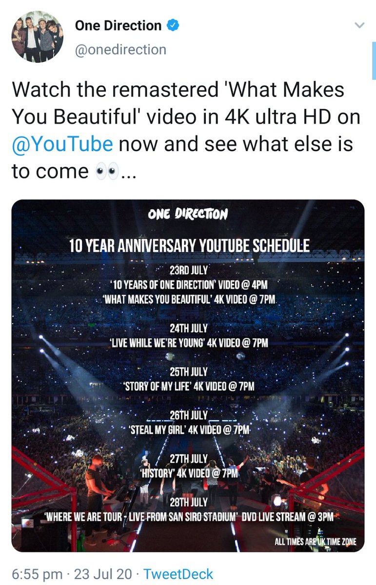 at 6:55 PM bst one direction tweeted about the "10 YEAR ANNIVERSARY YOUTUBE SCHEDULE" (everyday we got a new 4k video)