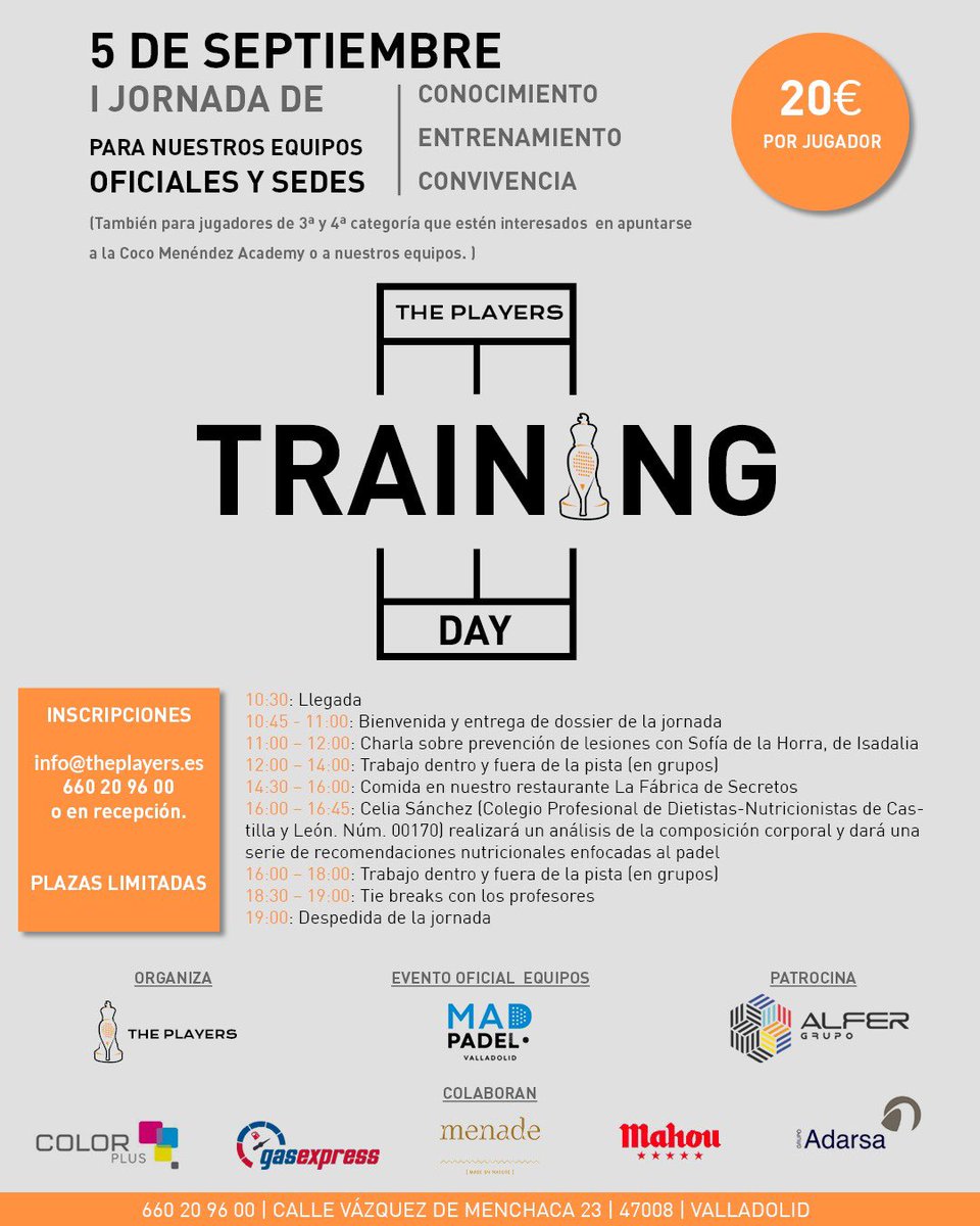 Este sábado 5 de septiembre tenemos la I Jornada de conocimiento del #padel, convivencia y entrenamiento en el club, que se desarrollará de 10:30 a 19:00h.

Si queréis apuntaros podéis hacerlo por teléfono (660 20 96 00) o mail (info@theplayers.es)

¡Os esperamos!