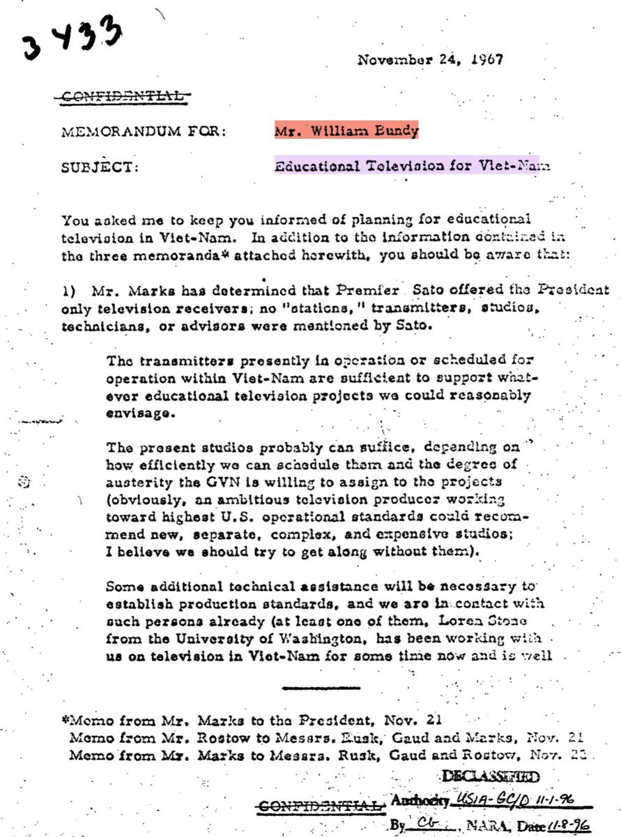 Coincidentally, during the early part of Bundy's Ford Foundation tenure, his brother William Bundy, a career CIA officer serving as Assistant Secretary of State, was overseeing Zorthian's TV pacification program in Vietnam. 13/ https://twitter.com/paulkleinfancam/status/1288142270454280193