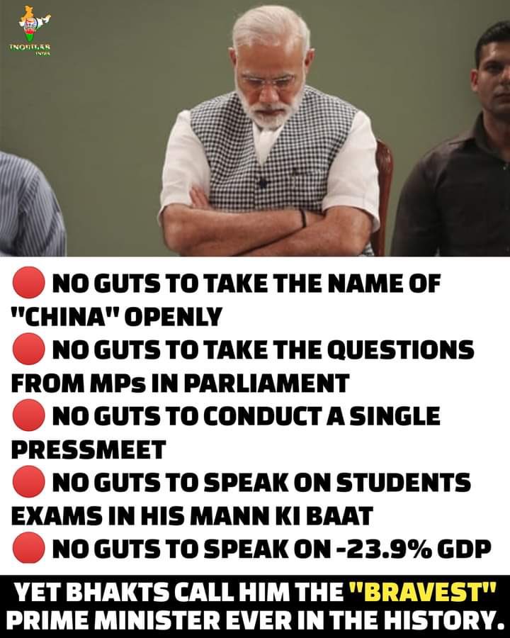 sag_dhruv's tweet photo. India is reeling under Modi disasters:
1. Historic GDP reduction -23.9%
2. Highest Unemployment in 45 yrs 
3. 12 Crs job loss
4. Centre not paying States their GST dues
5. Globally highest COVID-19 daily cases and deaths
6. External aggression at our borders. 
#NATION_HATES_MODI https://t.co/glFniPieOC