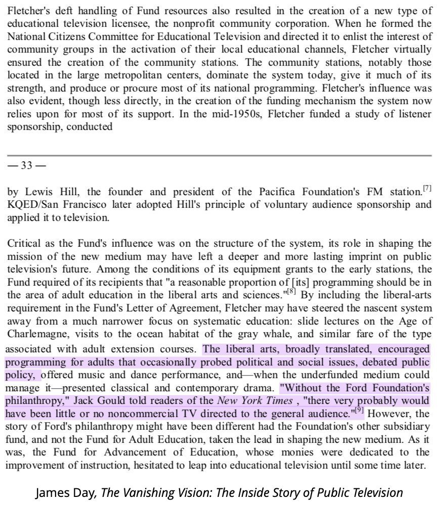 The CIA& #39;s Ford Foundation had been the dominant force in US non-commercial broadcasting since long before Bundy& #39;s appointment as president (It had "virtually fathered" the medium and was the largest single benefactor of public TV). 15/