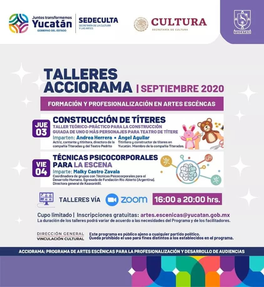 SedecultaYuc's tweet photo. Estás a tiempo de formar parte de  los talleres de septiembre de #ACCIORAMA vía Zoom de 16 a 20 horas:

-El jueves 3 de septiembre se llevará a cabo el de "Construcción de títeres, impartido por Andrea Herrera y Ángel Aguilar de @titeradas

1/2 https://t.co/Stdc8bWS81