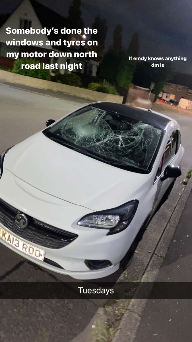 KaiRooney4's tweet photo. My motors been done on north road between 9:30-945 last night, windscreen smashed and 4 tyres slashed, looking for more info if any one knows anything dm me

RTs appreciated https://t.co/0bmXFfy1Fi