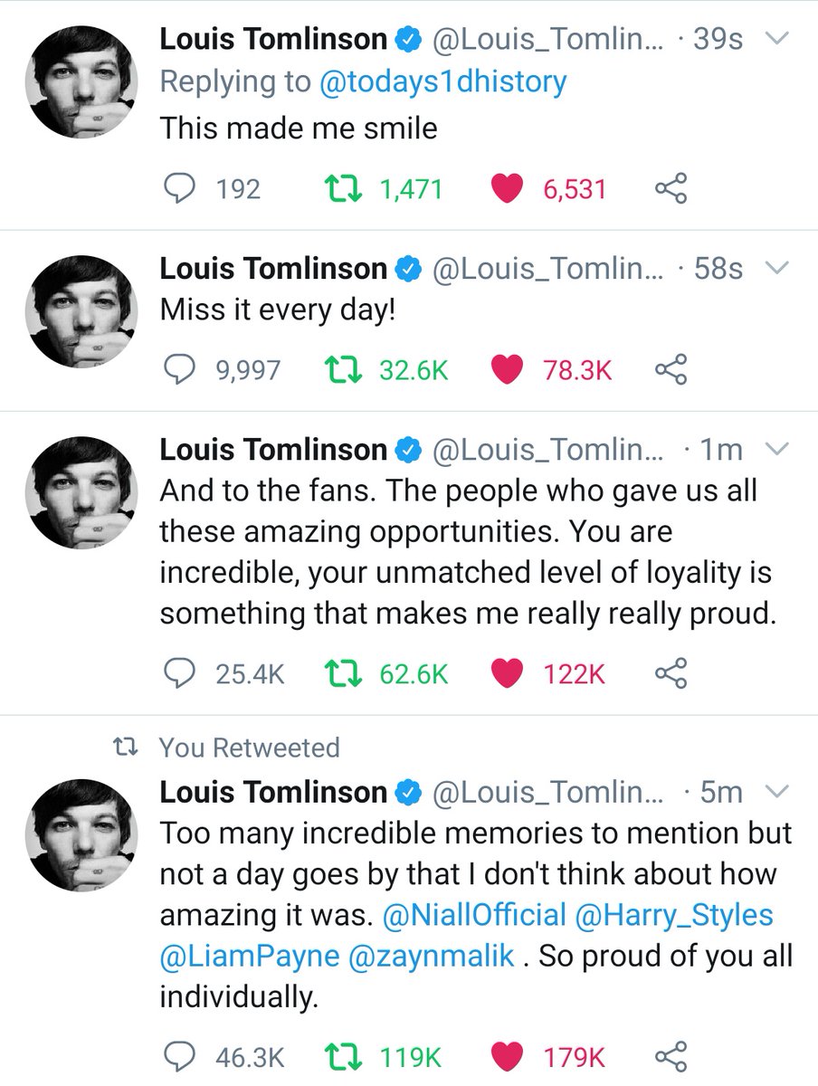 at 12:16 PM bst Louis tweeted about watching old interviews and performances. He also replied to  @todays1dhistory , thanked the fans and said he was proud of all the boys individually 