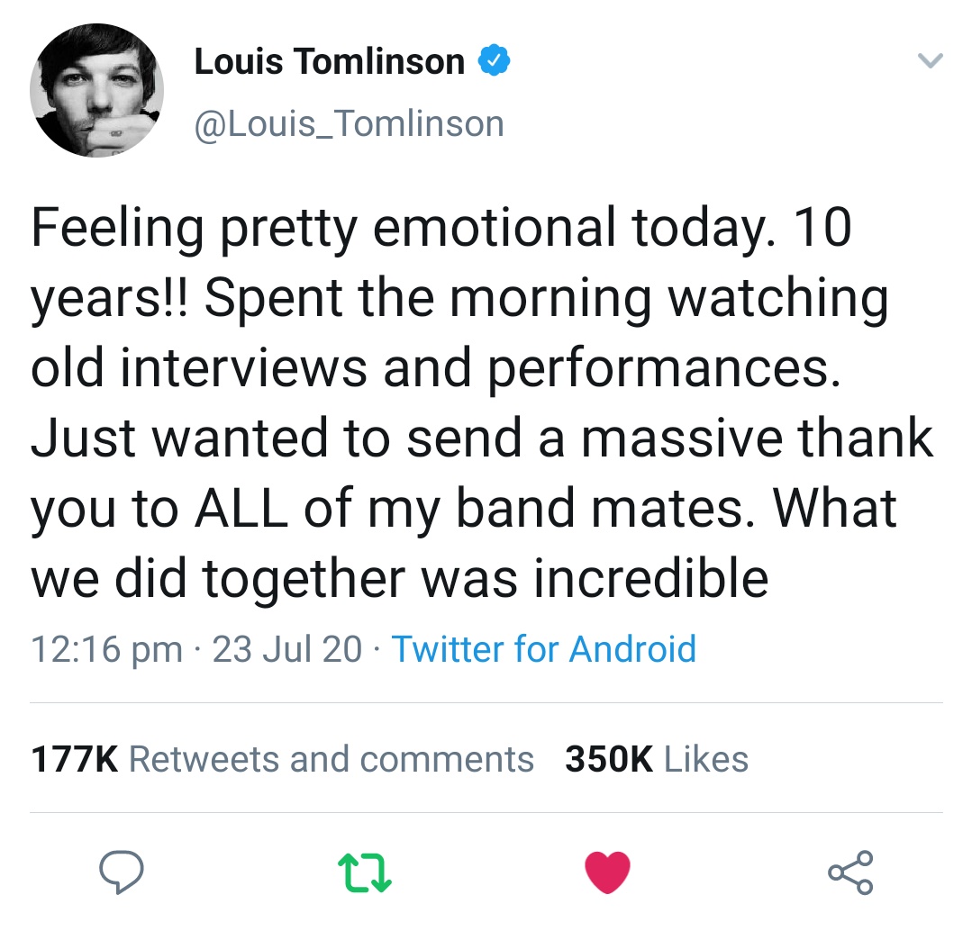 at 12:16 PM bst Louis tweeted about watching old interviews and performances. He also replied to  @todays1dhistory , thanked the fans and said he was proud of all the boys individually 