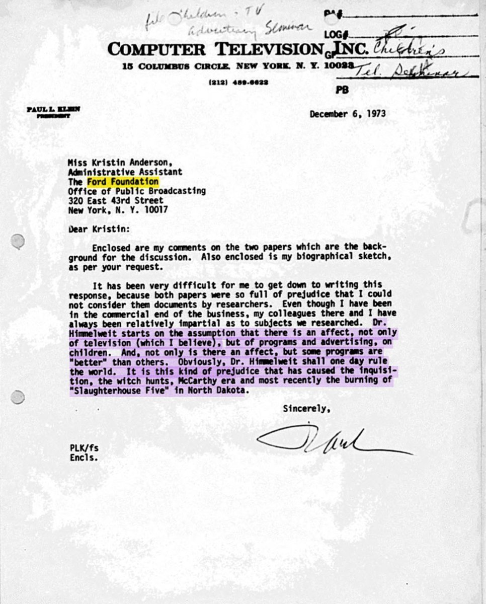 Bundy also brought Paul Klein to the Ford Foundation as a consultant a few years later.Curiously, this period saw the exodus of 3 of the most powerful men in network media, paralleling the defense-to-CATV pipeline. 17/