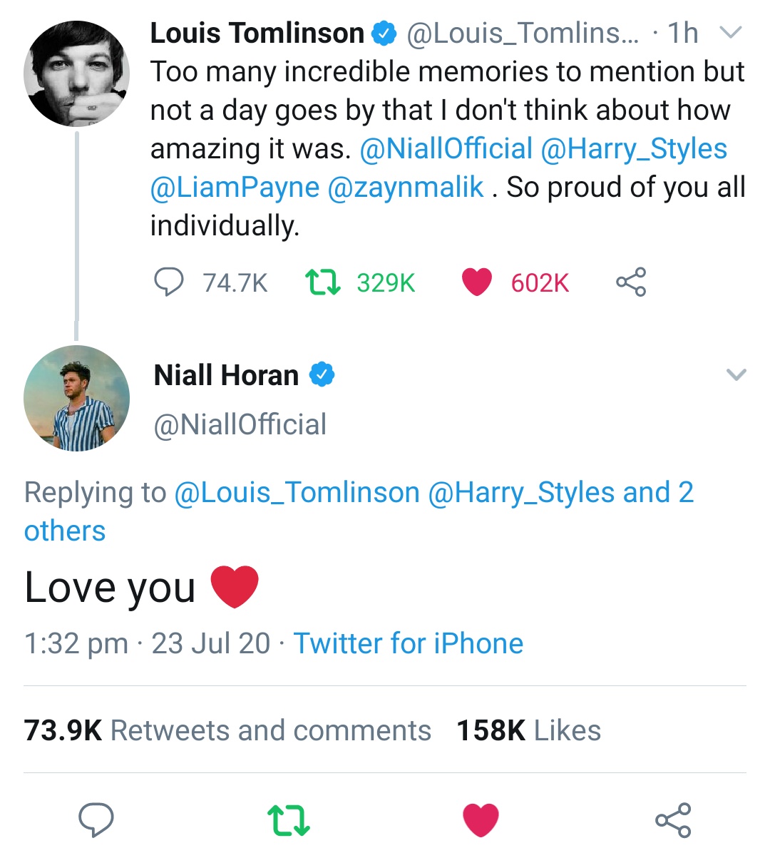 at 1:32 PM bst Niall replied to Louis' tweet and then Liam's. Throughout the day he tweeted about celebrating the team behind one direction and also tagged all the boys 