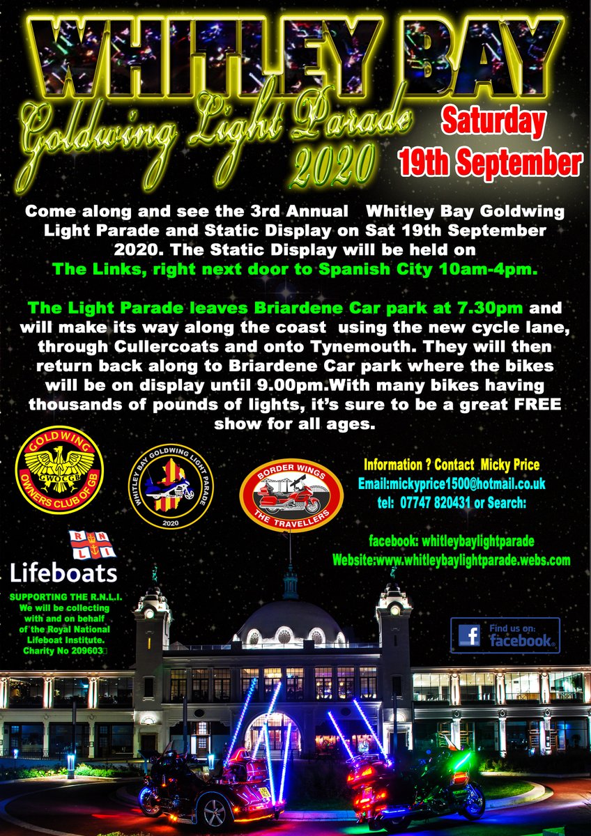 The 2020 Whitley Bay Light Parade will be held on the 19th September. Static display on The Links 10am - 4pm. The Light Parade starts at 7.30pm from Briardene Car Park, along to Tynemouth and BACK. We have permission to use the cycle lane. Covid19 measures in place. Please share.