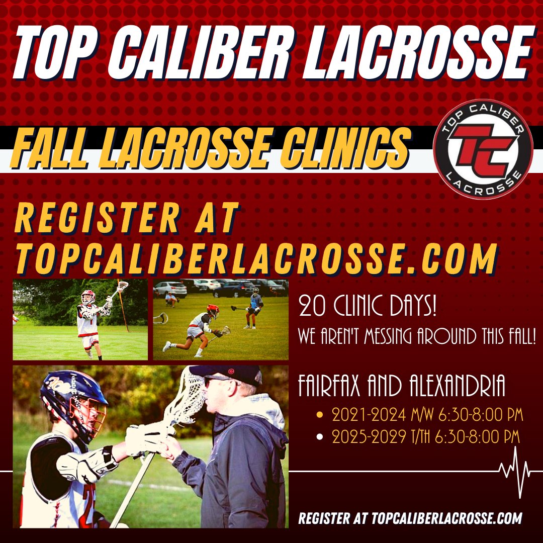 Our Fall Clinics are up and running! Head over to our website to see the schedule and register. We are looking forward to seeing everyone out there getting better every day! 

#TopCaliberLacrosse #FallClinics