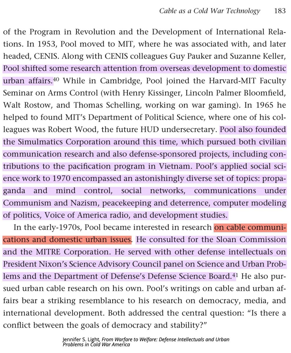 Pool was prolific. A RAND historian lists some of his research areas: "propaganda and mind control, social networks, communications under Communism and Nazism, peacekeeping and deterrence, computer modeling of politics, VOA Radio, and development studies." 23/