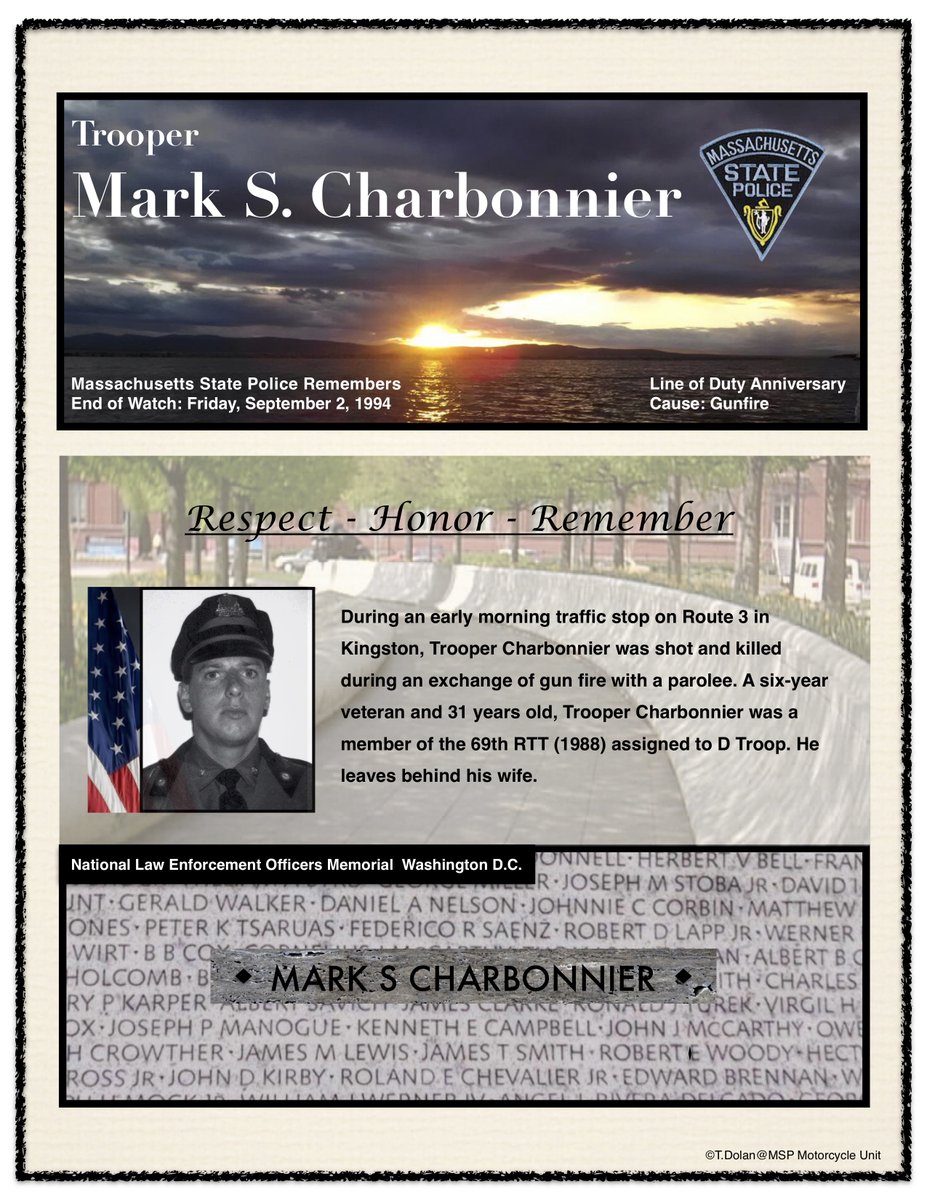 Please take a moment out of your day on September 2nd to honor and remember the sacrifice of Trooper Mark S. Charbonnier, EOW: September 2, 1994. #LODD
