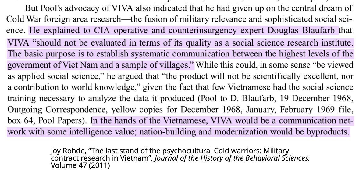 Simulmatics' studies involved interrogating captured Viet Minh, canvassing pacification targets, recruiting local collaborators and more. From what's known about Phoenix, it's a good bet "research" also served as cover for covert ops, which was blatant for at least one study. 28/