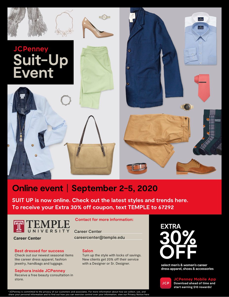 TUStudentAlumni's tweet photo. Hi Everyone!

The Career Center is hosting their 2nd annual JCPenney Suit-Up Event virtually. 

From Sept 2nd – 5th students and alumni can use a virtual coupon code and get 30% off career attire online or in the store.  

Click below for more details!

https://t.co/AyZZWT8jy4. https://t.co/Uk7qIfTPCy