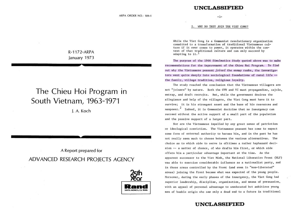 There, Simulmatics, RAND, and others acted as the research wing of the Phoenix Program, producing studies to advance and evaluate the suite of policies, weapons and tools that comprised the US's counterinsurgency and pacification program in Vietnam. 27/