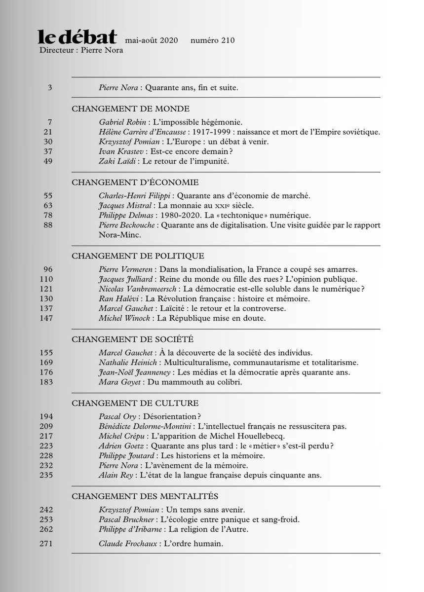 Le Débat, la revue fondée par Pierre Nora et Marcel Gauchet sort son dernier numéro, pour son 40è anniversaire. J’ai eu l’honneur d’y écrire un article. L’occasion d’un thread - très personnel - sur cette revue, les revues.