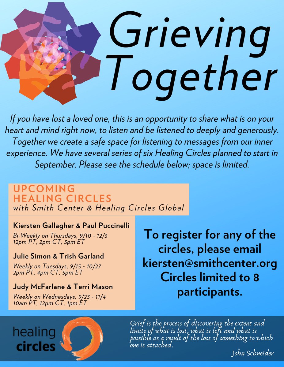 Grieving is an important part of the healing process.

If you have lost a loved one and would like a safe and supportive space to share what's on you mind with others, consider attending a virtual Healing Circles session.