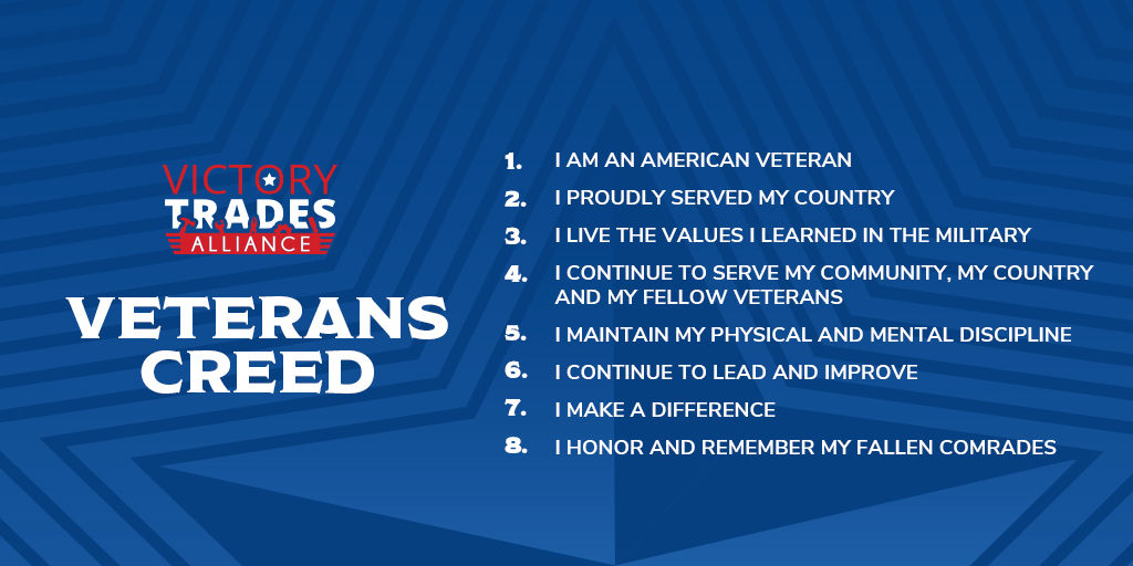 trades_victory's tweet photo. We stand by the #VeteransCreed at Victory Trades Alliance and encourage you to do the same! https://t.co/UtQLF54aSN https://t.co/Ui4LZyu6w6