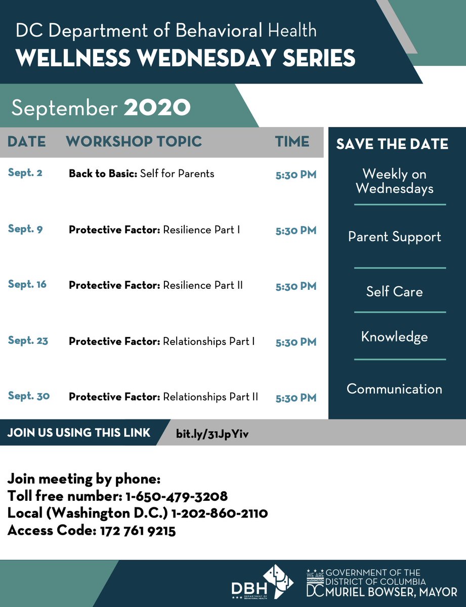 MayorBowser's tweet image. Parents, we know sometimes you need a little help to make it all work.

Join us tonight at 5:30 pm for our first Wellness Wednesdays Workshop.

Dial in: 1-650-479-3208
Access Code: 172 761 9215