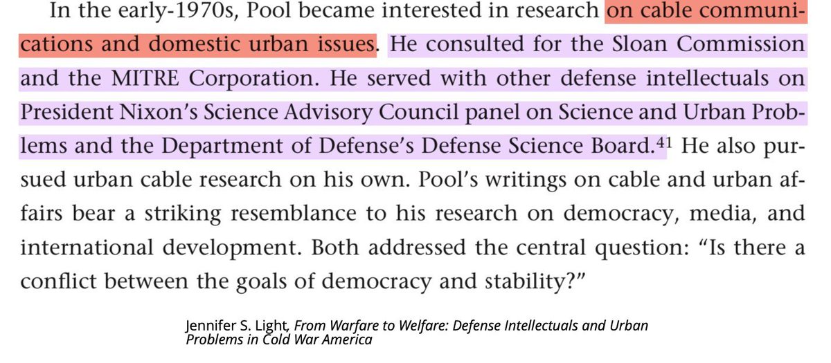 After returning from Vietnam, Pool continued to be a vocal proponent of the war, but his research interests shifted to...CATV and "domestic urban issues", becoming yet another traveler on the Vietnam-to-cable TV pipeline. 31/