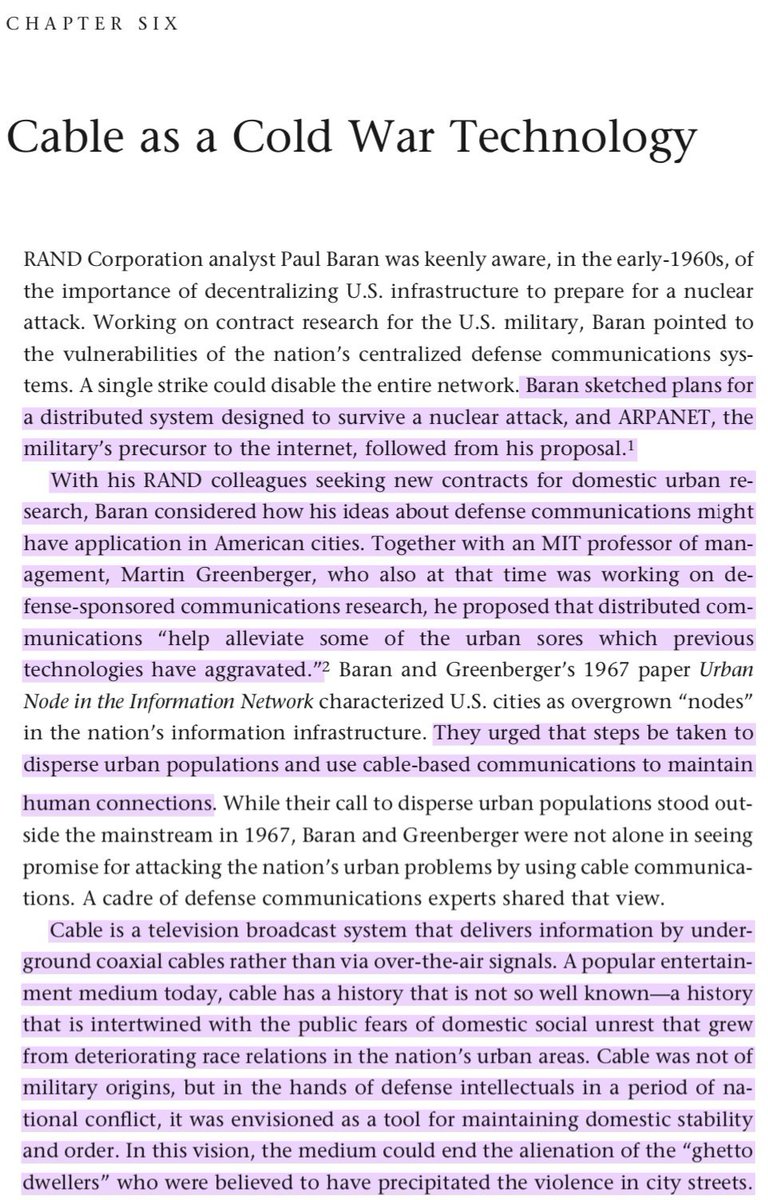 A RAND-supervised history of CATV acknowledges how much the dev of cable systems and policies in this era were driven by "defense intellectuals" consciously pursuing cable's potential as a pacification technology for "civil defense" in the ghettos. 36/ https://twitter.com/cuttlefish_btc/status/701268999632457729