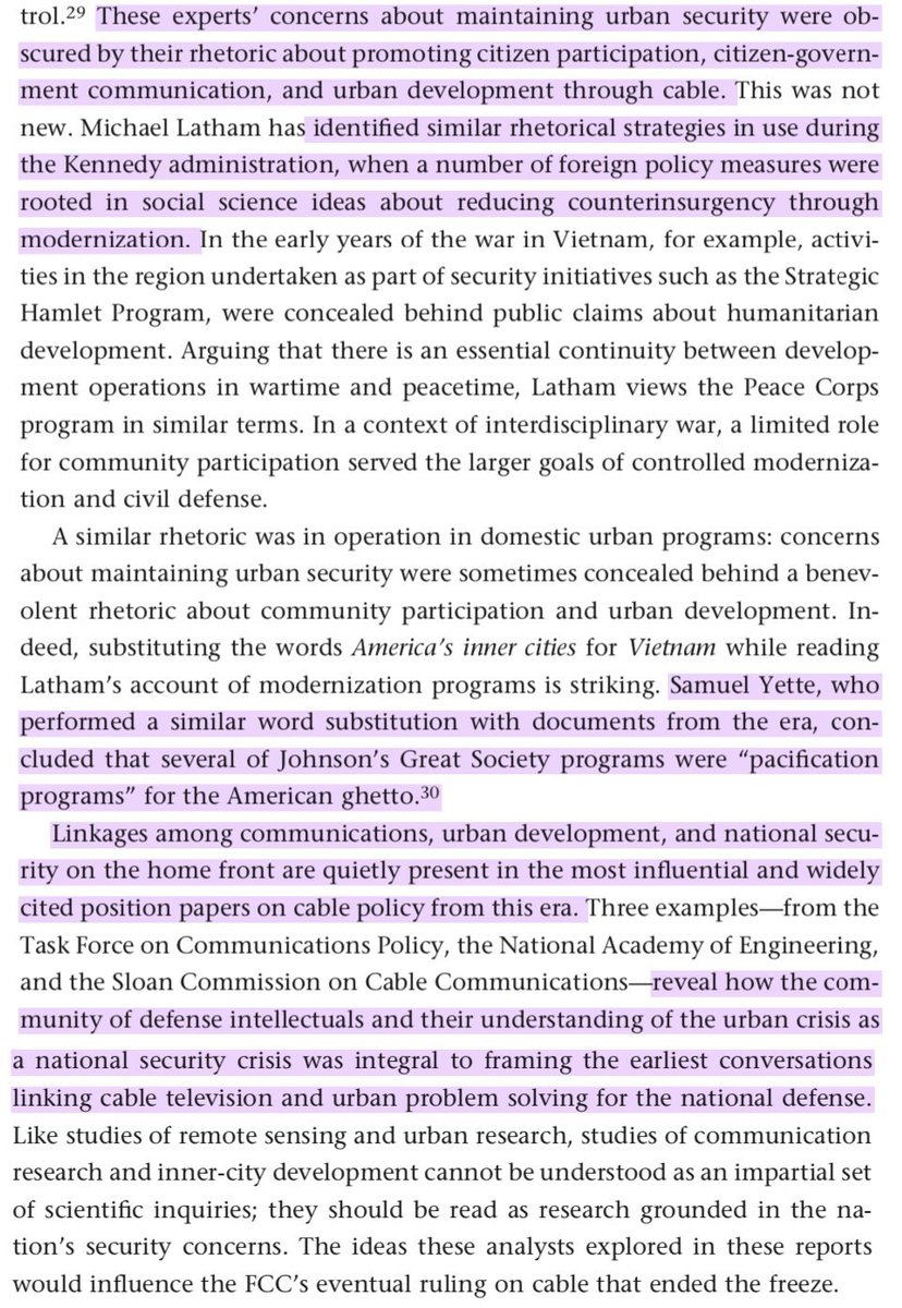 A RAND-supervised history of CATV acknowledges how much the dev of cable systems and policies in this era were driven by "defense intellectuals" consciously pursuing cable's potential as a pacification technology for "civil defense" in the ghettos. 36/ https://twitter.com/cuttlefish_btc/status/701268999632457729