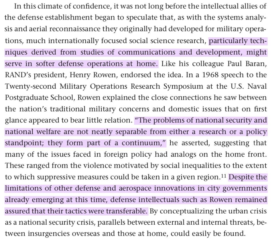 A RAND-supervised history of CATV acknowledges how much the dev of cable systems and policies in this era were driven by "defense intellectuals" consciously pursuing cable's potential as a pacification technology for "civil defense" in the ghettos. 36/ https://twitter.com/cuttlefish_btc/status/701268999632457729