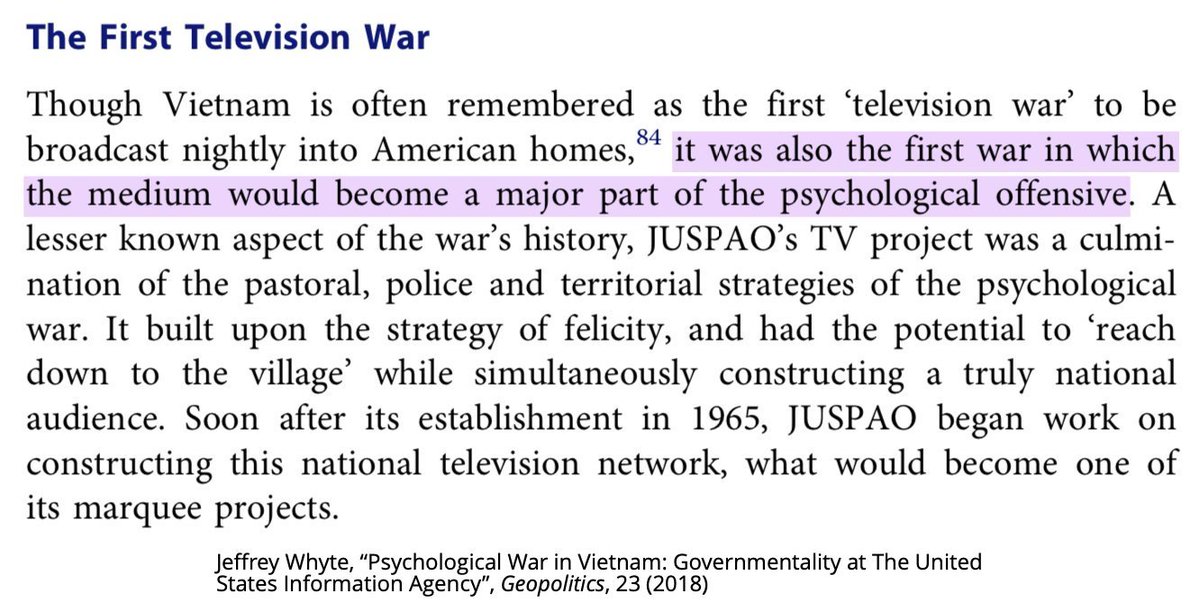 And TV was to be a weapon. Zorthian's TV project in Vietnam, with help from RCA/NBC, had doubled as a large-scale field test for the direct application of TV to counterinsurgency. 33/