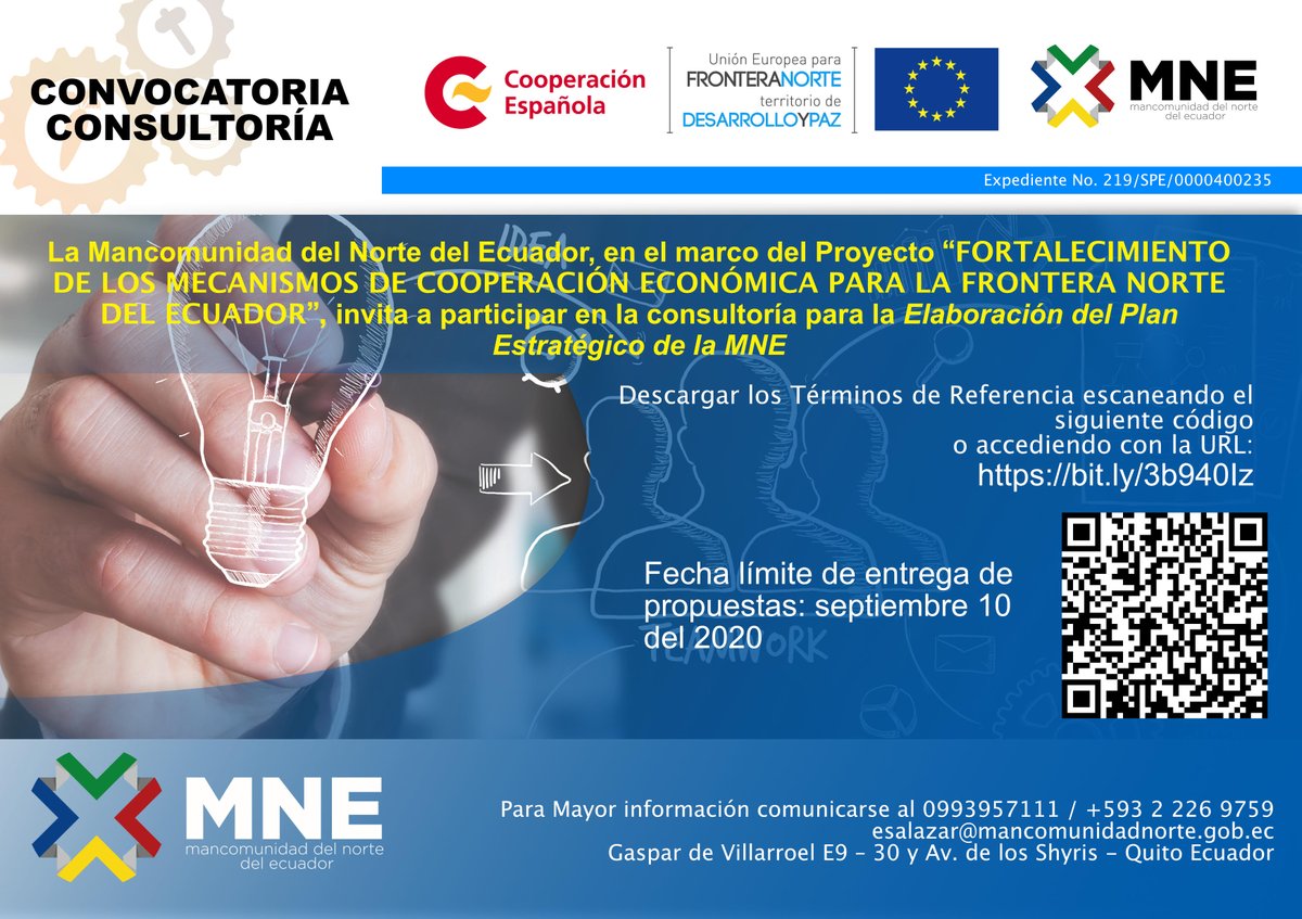 Invitamos a participar en la consultoría para la elaboración del Plan Estratégico de la MNE. Límite entrega de propuestas: 10/09/2020. Términos de Referencia aquí: bit.ly/3b940Iz mayor información comunicarse a 0993957111 -02 226 9759 esalazar@mancomunidadnorte.gob.ec