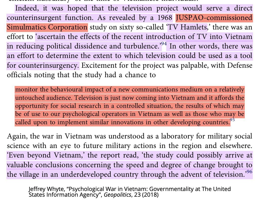 Ithiel de Sola Pool's Simulmatics had investigated the "effects of the recent introduction of TV in reducing political dissidence and turbulence" and was already looking beyond Vietnam for potential applications in other theaters. 34/
