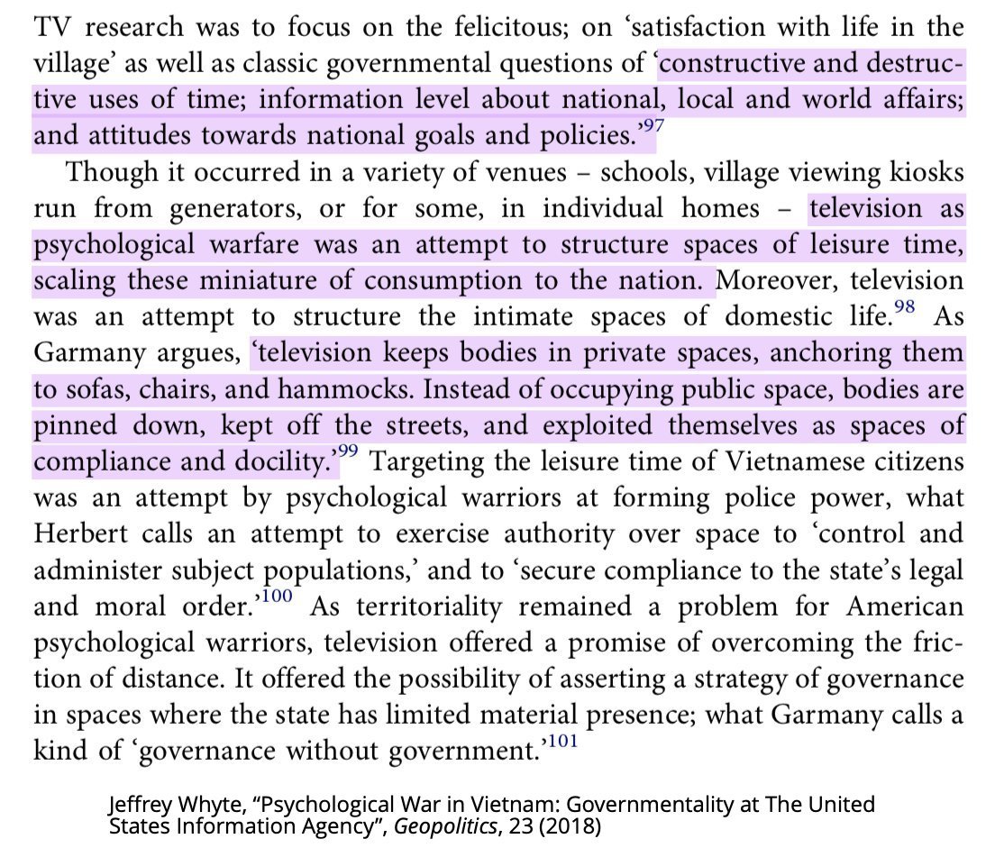 Among the potential uses of TV for counterinsurgency Simulmatics was interested in: the administration of Vietnamese citizens' time ("the constructive and destructive uses of time"), reminiscent of Paul Klein's adage that TV's product is the viewers' time, not programs. 35/