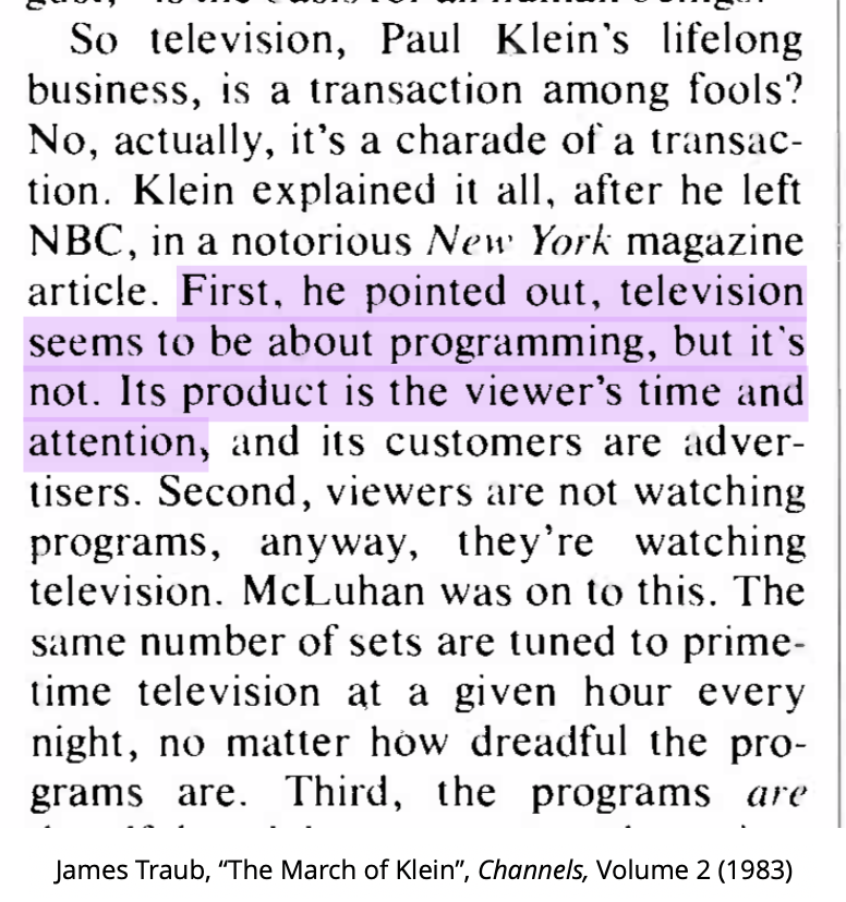 Among the potential uses of TV for counterinsurgency Simulmatics was interested in: the administration of Vietnamese citizens' time ("the constructive and destructive uses of time"), reminiscent of Paul Klein's adage that TV's product is the viewers' time, not programs. 35/